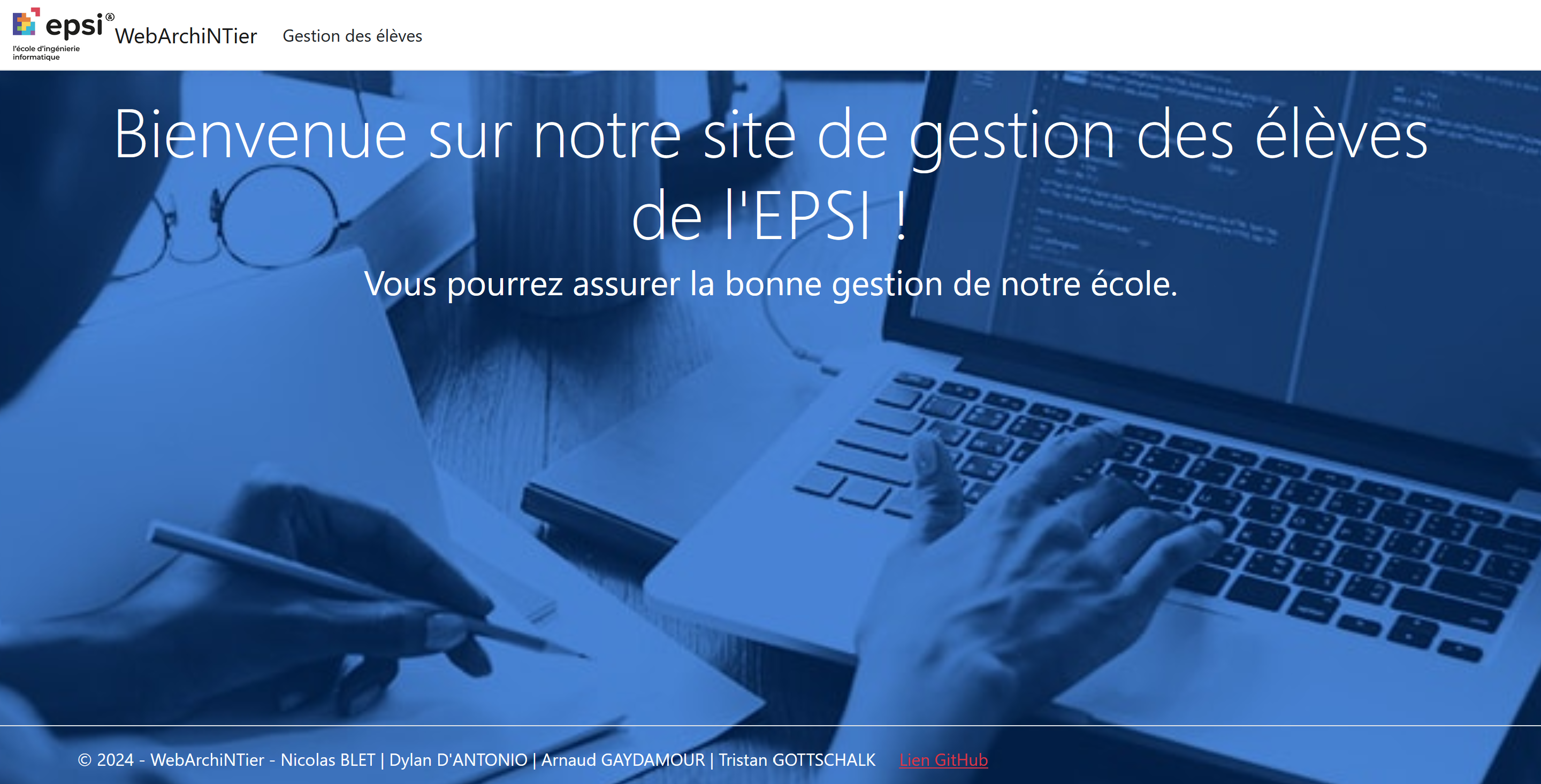 Page d'accueil d'un site de gestion d'une école